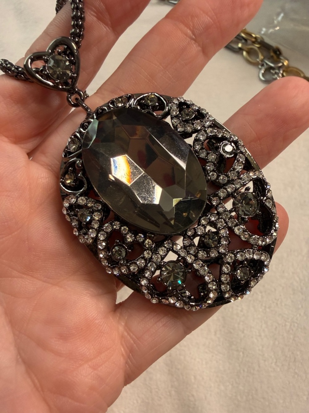 Vintage Large rodium plated silver Swarovski pendant necklace